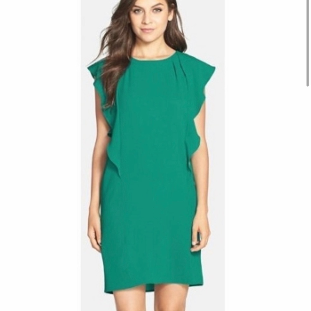 ! BCBGMAXAZRIA Women's Green Teal Susi Side-Ruffle Flowy Dress Size XS.